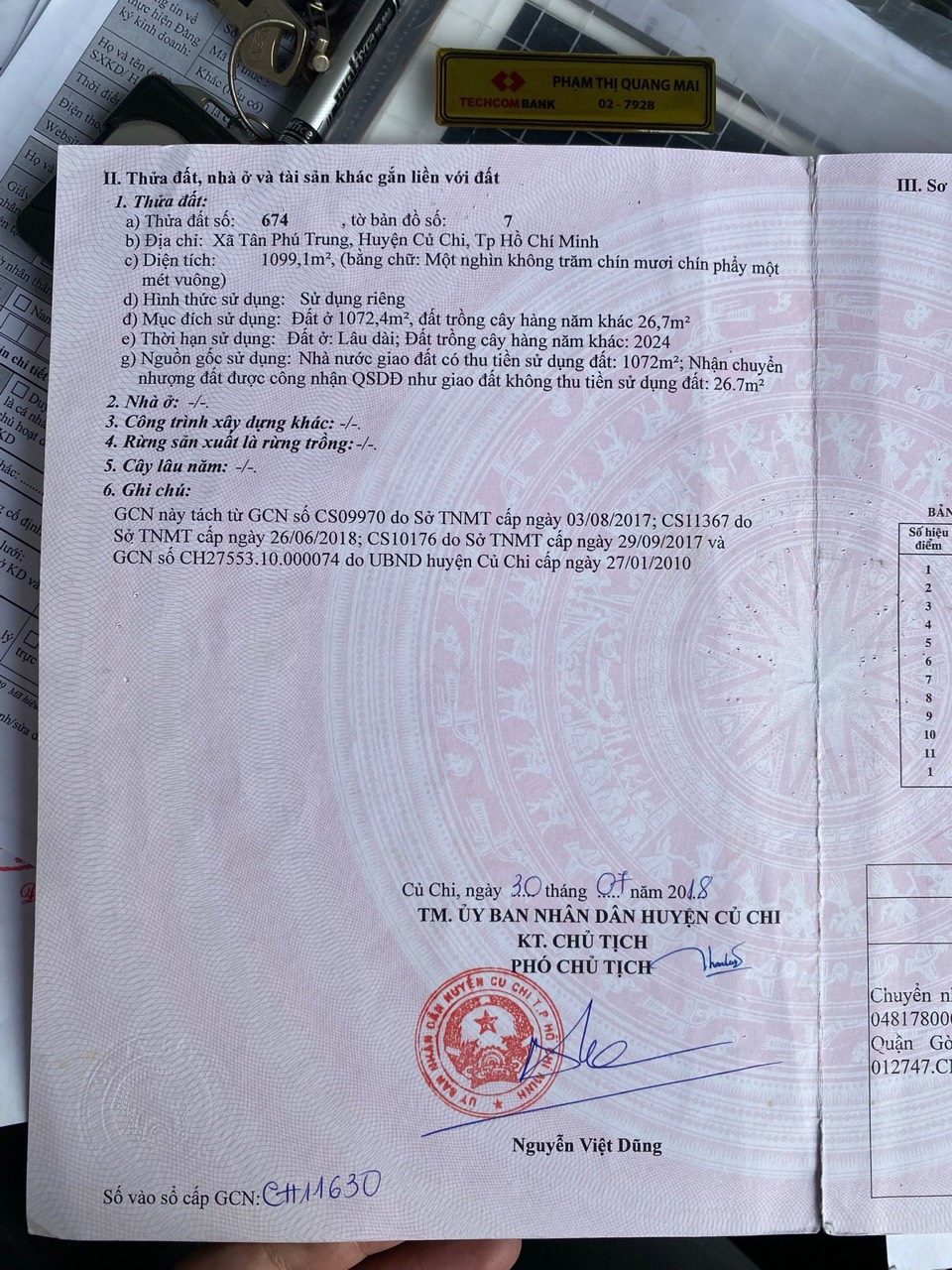 Bán lô đất MT đường nhựa Đặng Thị Giọt, dt 1.099m, full thổ cư, xã Củ Chi