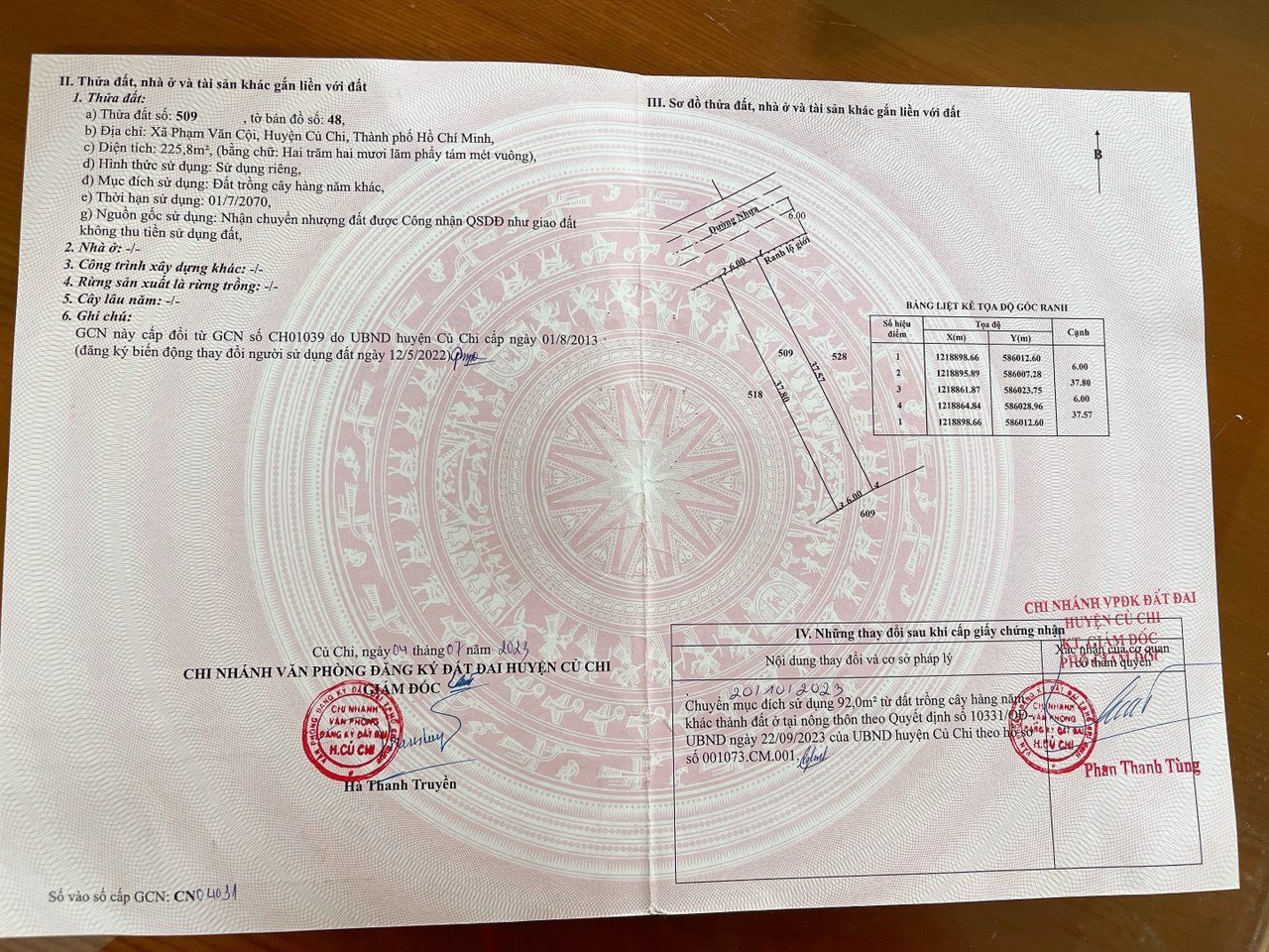 Bán đất Củ Chi, lô đất MT đường nhựa 490, dt 225m, có 92m thổ cư, xã Nhuận Đức