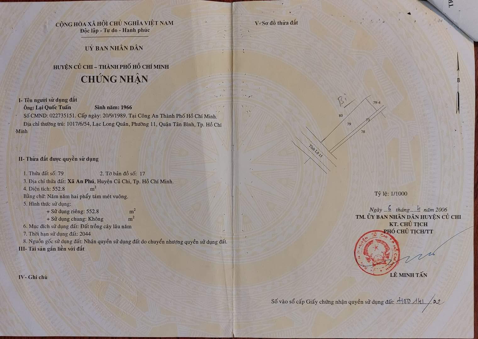 Bán lô đất góc 2 mặt tiền Tỉnh lộ 15, dt 553m2, có 100m thổ cư, xã An Nhơn Tây