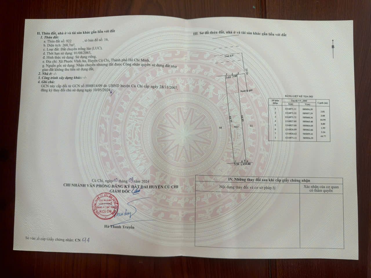 Bán lô đất MT đường TỈNH LỘ 8, dt 268m, QH KDC, còn đất lúa, xã Củ Chi..