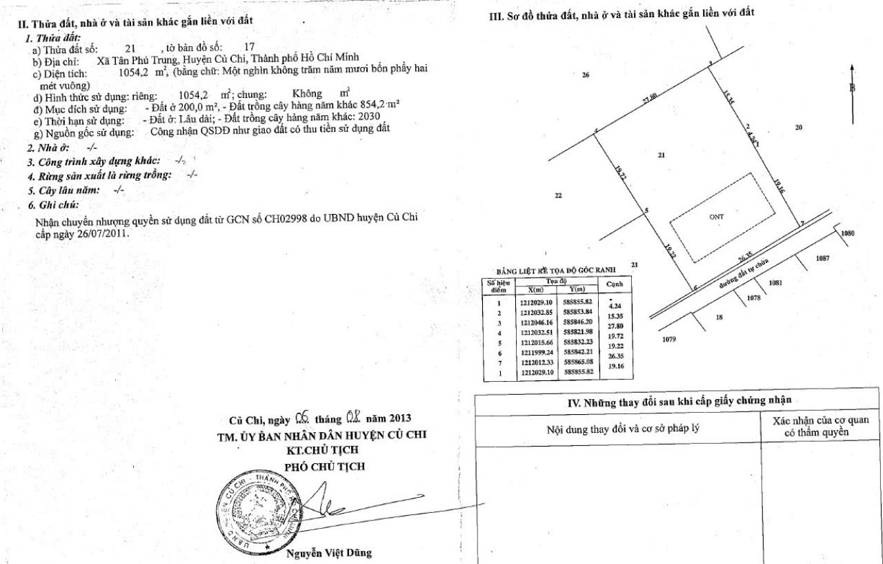 Bán lô đất đường xe tải, dt 1.054m2, có 200m thổ cư, xã Củ Chi.