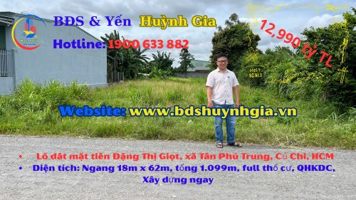 Bán lô đất MT đường nhựa Đặng Thị Giọt, dt 1.099m, full thổ cư, xã Tân Phú Trung, huyện Củ Chi.