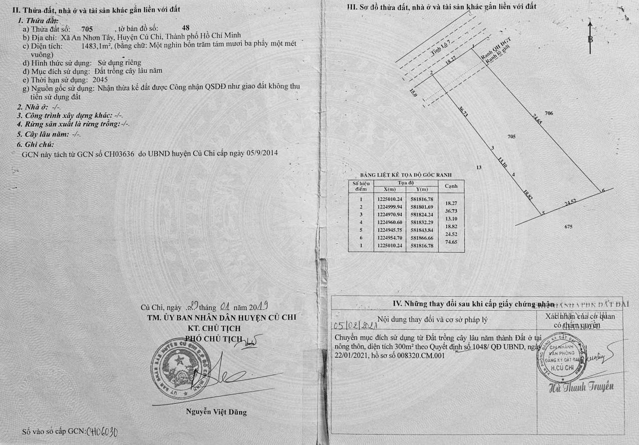 Đất Củ Chi! Bán lô đất mt đường Tỉnh lộ 7, dt 1.483m, có 300m thổ, xã An Nhơn Tây.